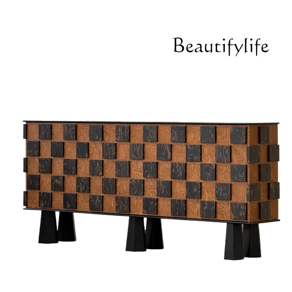 

Medieval style solid wood dining side cabinet retro style checkerboard home locker designer homestay side cabinet