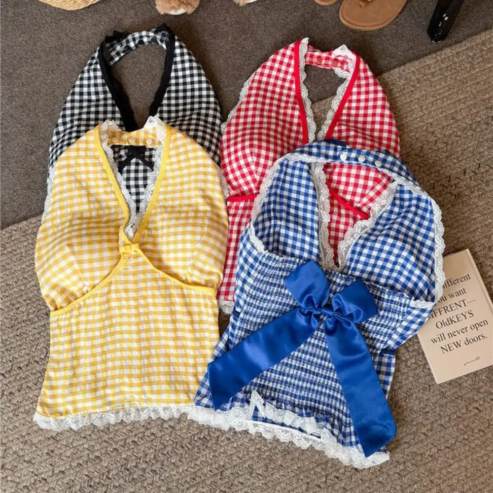 

Stripe Grid Bowknot Sleeveless Crop Top Detachable Bowknot Slim Fit Lace Vest Top Girl V Neck Korean Style Hanging Neck Camisole