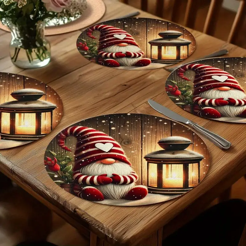 VIKAMA Gnome Lantern Winter Scene Round Placemat Wooden Base Red Striped Hat Heart Light Flake Xmas Table Mat Lovely Gift Soft