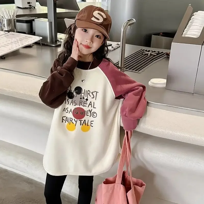 Girls' 2025 New Spring&Autumn Loose Fit Korean Style Long Sleeve Round Neck Basic Sweatshirt for Big&Small Kids