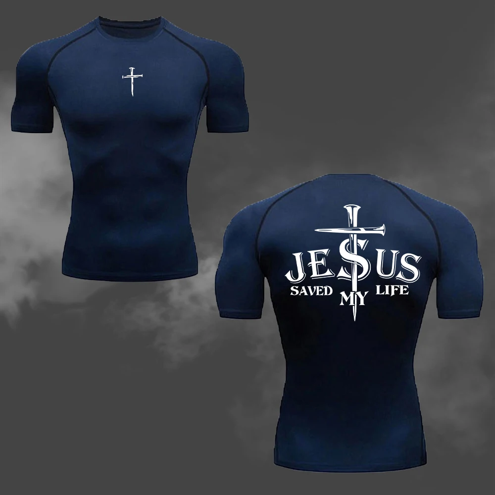 Herren-Kompressions-T-Shirt mit Jesus-Kreuz-Doppeldruck, schnell trocknend und atmungsaktiv, kurzärmelig, für Fitness, Gym, Laufen, Training – Detail 14