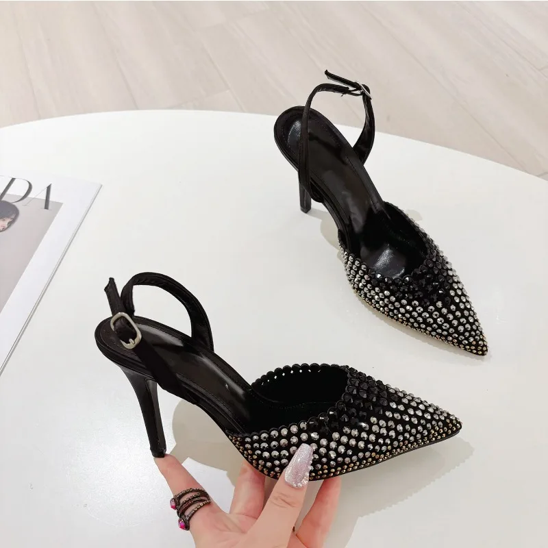 New Women's Rhinestone Thin Heel Pointed High Heel Sandals Bag Head Versatile Sexy High Heel Sandals Size 35-41