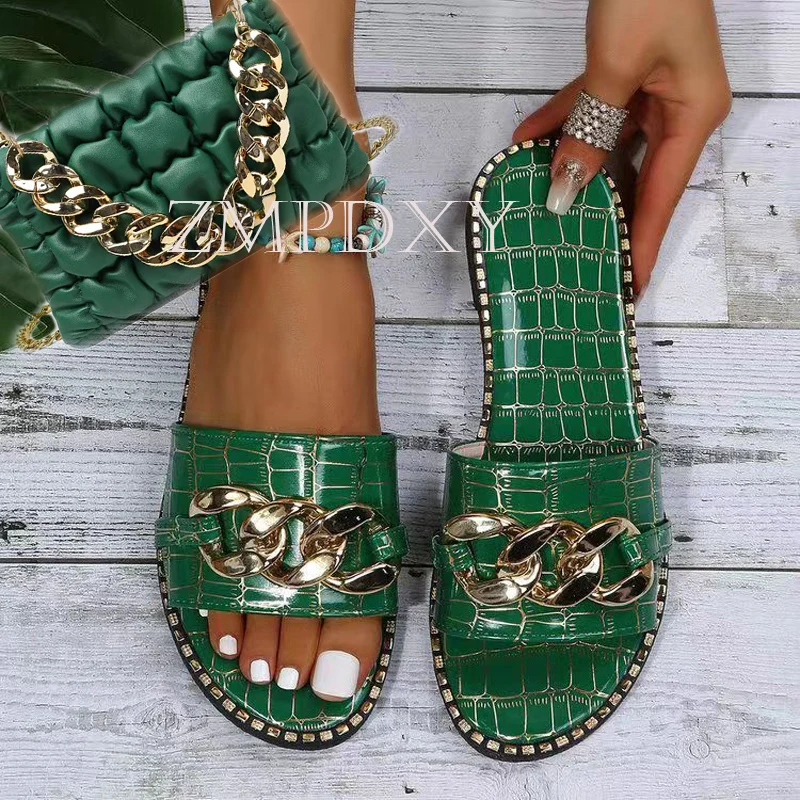 New Arrivals Designer Wholesale Summer Chain Women\'s Flat Slippers And Bag Set Beach Ladies Platform Sandals Matching Purse Set