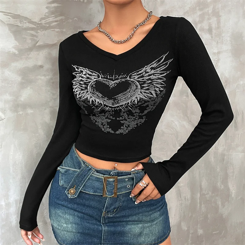 Grunge Y2k Aesthetic Retro Ribbed T-shirts Cyber Mall Goth Print Long Sleeve Crop Tops Women Dark Academia Bodycon Tee Fall