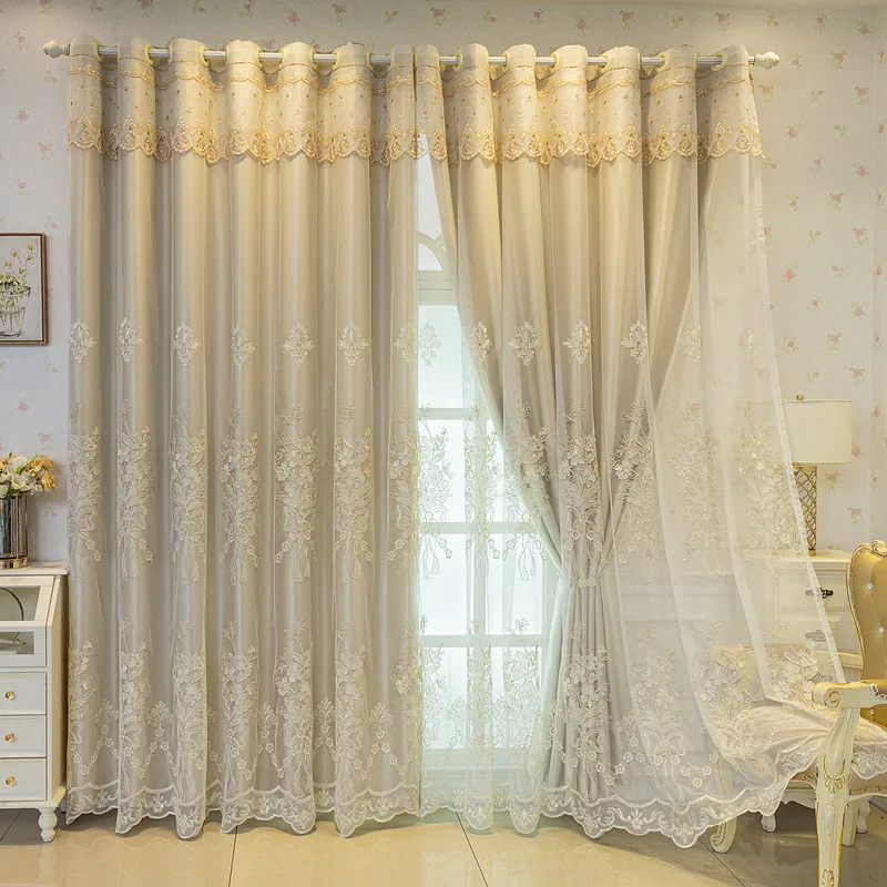Custom Size New Embroidered Curtains with Simple Double-layer Thickened Blackout Fabric and Gauze for Living Dining Room Bedroom
