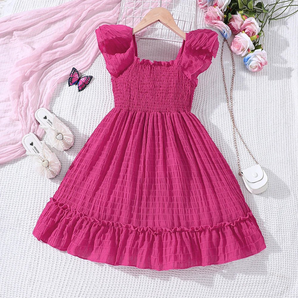 Girls' summer style lotus leaf sleeve bubble sleeve solid color casual dress