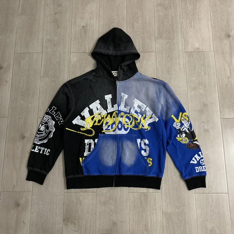 New Hot Selling  VALLEY Black Blue Color Blocked Zipper Hoodie Y2K Oversized High Quality Men's Women's Fashion Casual Coat