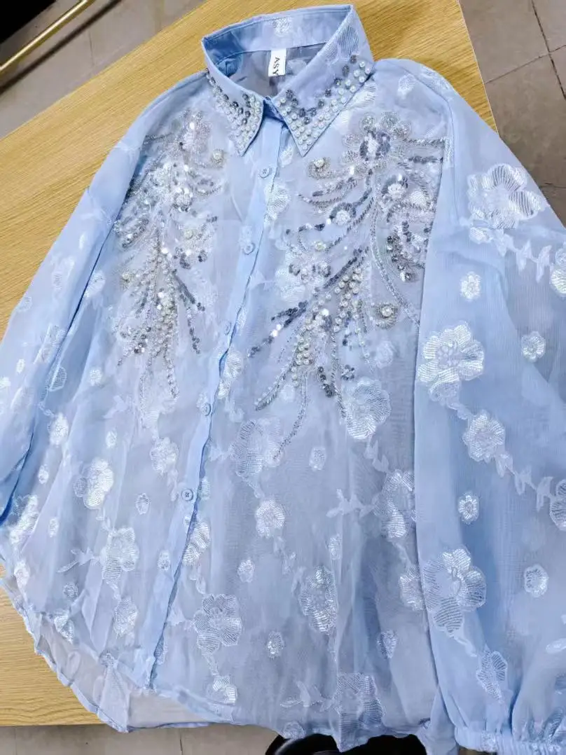 หรูหราสไตล์ Sparkle Rhinestones ผู้หญิงฤดูใบไม้ผลิฤดูร้อนหลวมเสื้อลําลองเสื้อ Oversize เสื้อนอก
