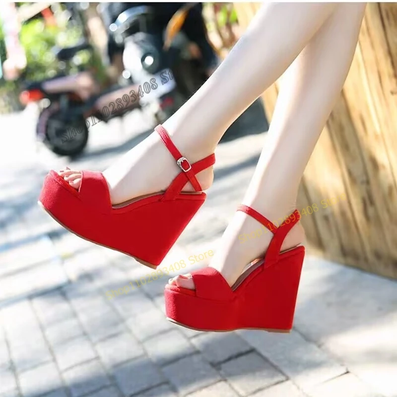 

Red Color Platform Sandals Solid Peep Toe Wedges Heel Buckle Strap Women Shoes 2023 Summer Fashion Sexy Zapatos Para Mujere