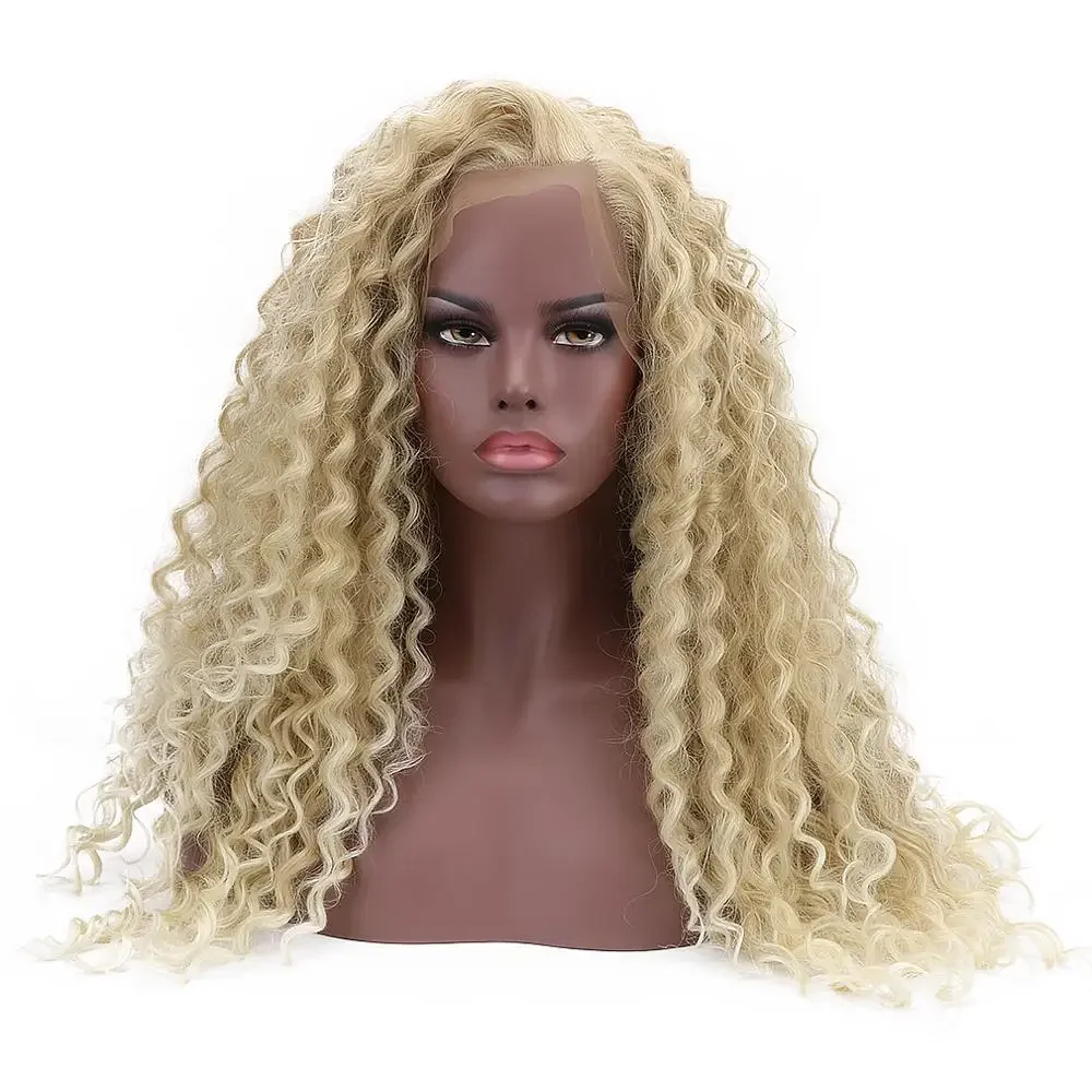 24\'\' Long Curly Synthetic 15*4.5 Swiss Lace Front Wig Deep Blond Bohemian Natural Part Glueless Afro Wigs for Black Women