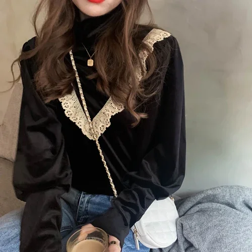 

Lace Blouses Ruffle Patchwork Women Black Shirts Korean Vintage Turtleneck Elegant Ruffle Top Ladies Tops Blusa Mujer De 2022