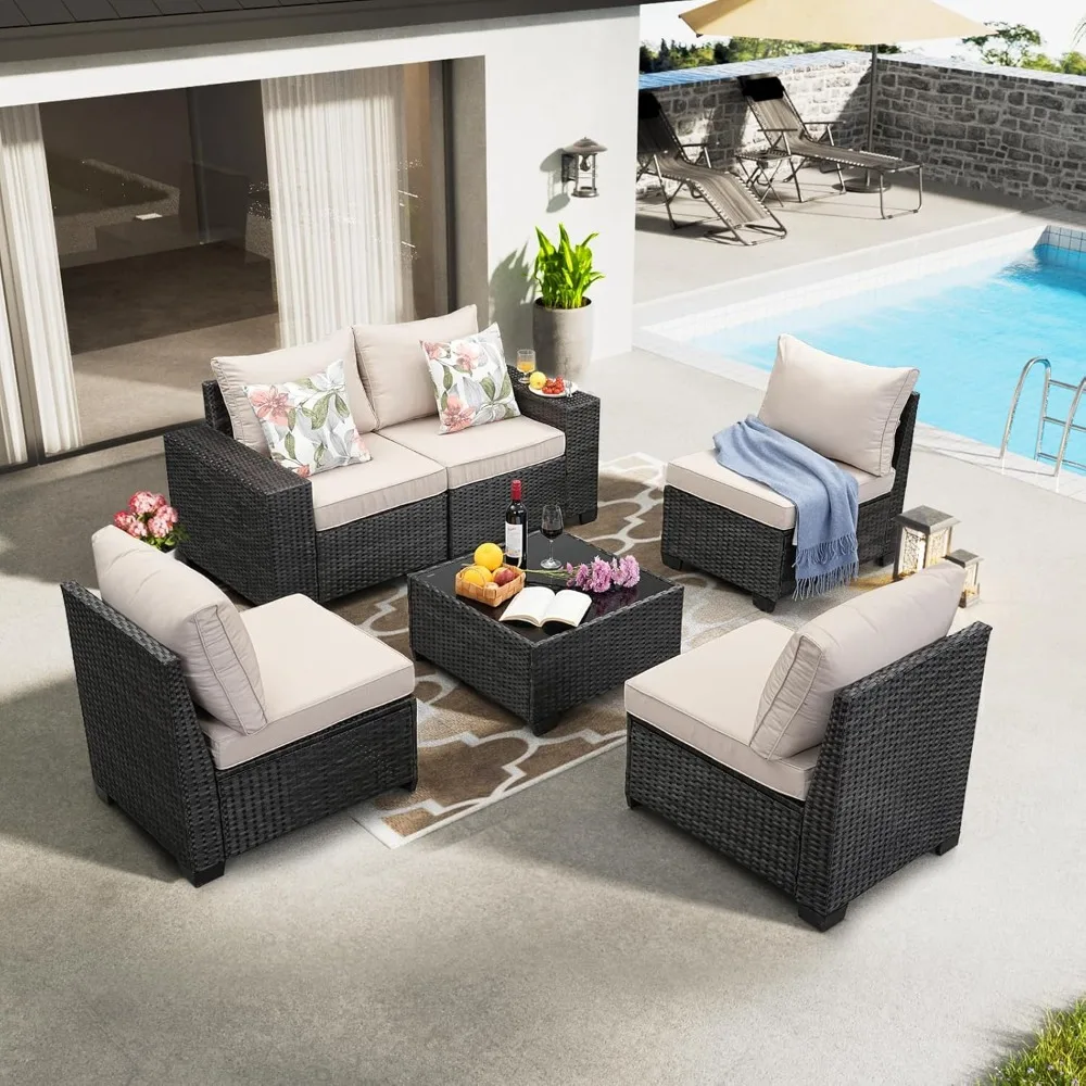 

Всепогодный модульный комплект мебели из искусственного ротанга с мягкими подушками и стеклянным столом для террасы, бассейна, улицы, на заказ