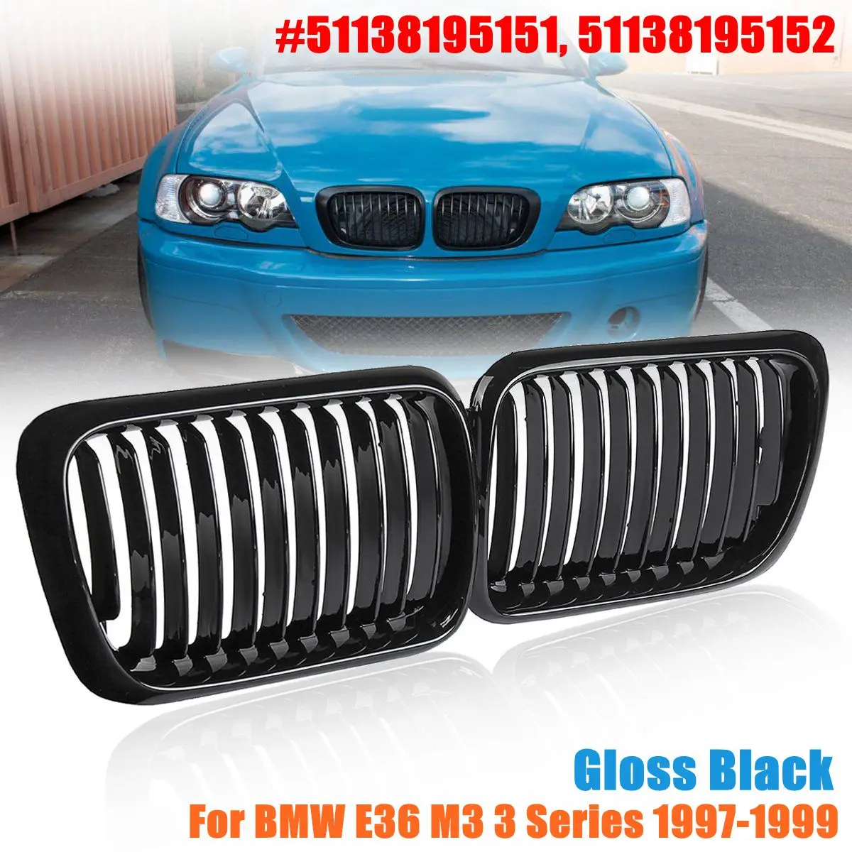 

Пара ярко-черных сменных решеток капота в форме почек BMW 3 серии E36 318i 323i 325i 320i 328i 1997 1998 1999 однолинейный