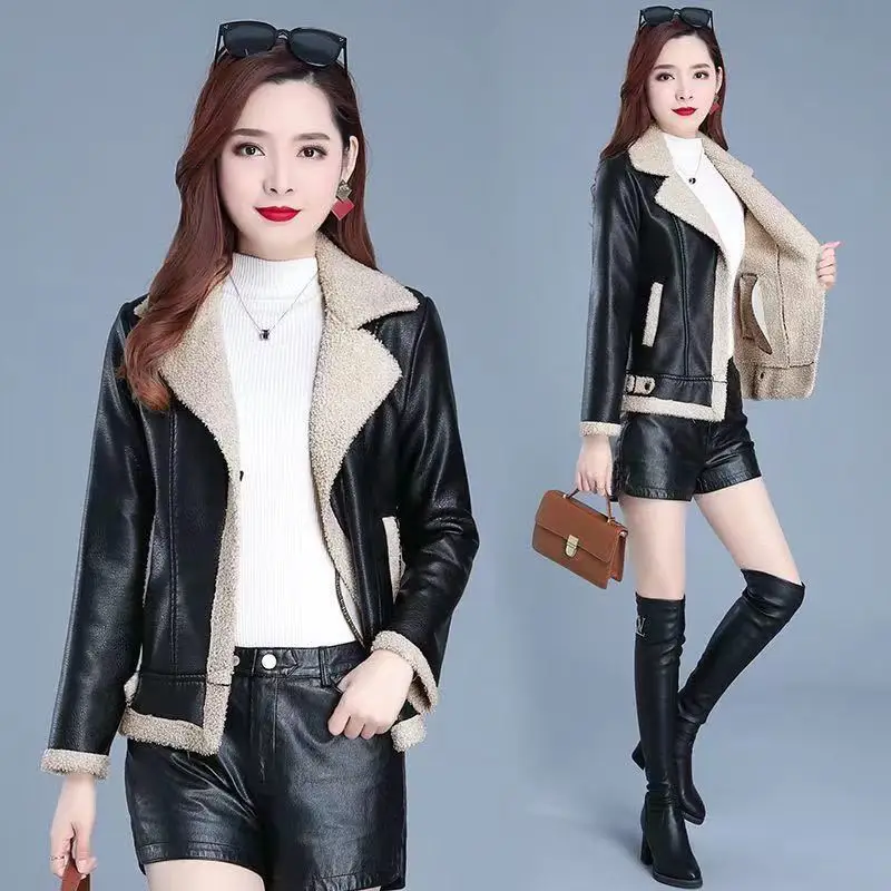 Women\'s Leather Coat Women\'s Autumn Winter New Motorcycle Short Fashion Leather Jacket Comfortable Warm Casual Solid Color Coat