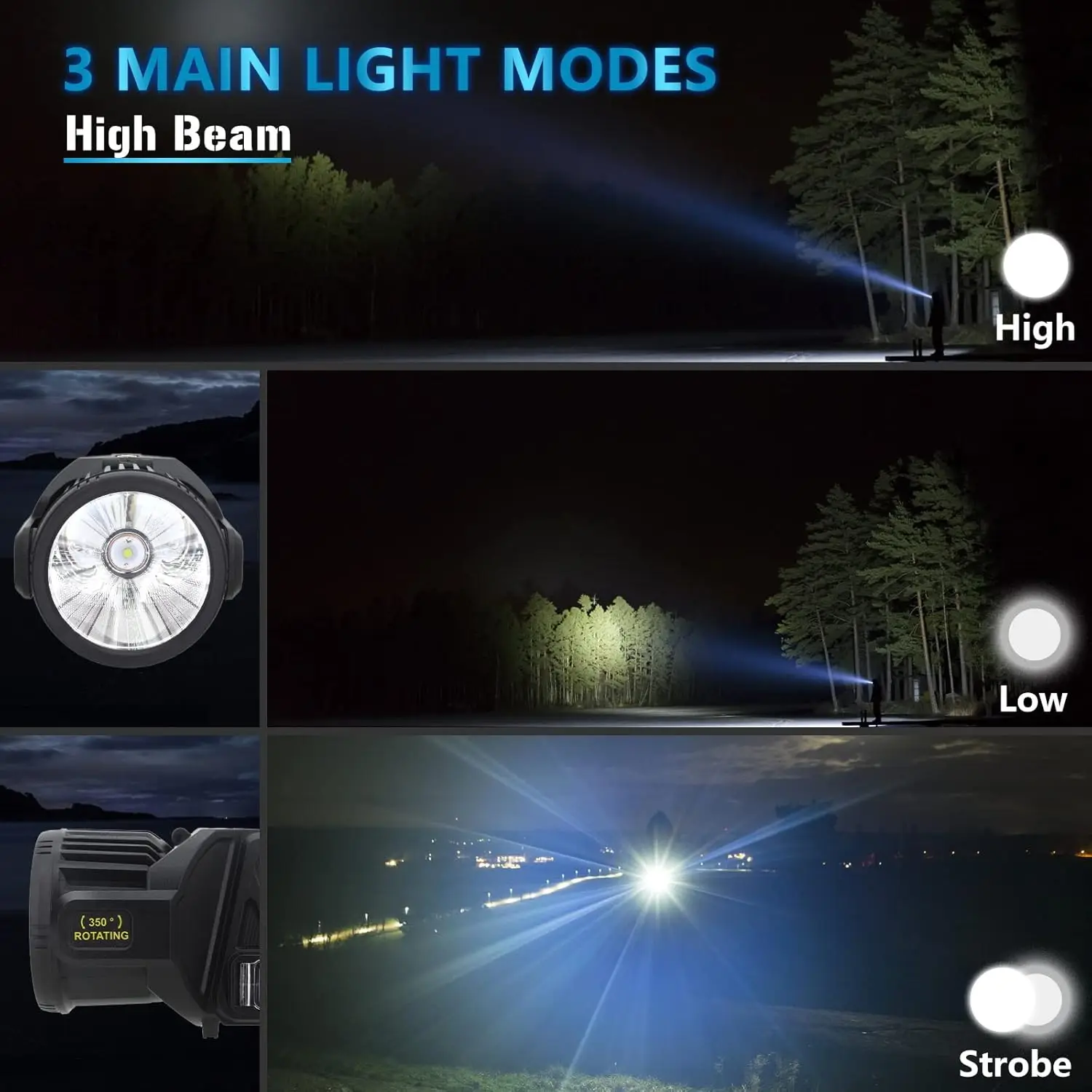 3000000 Lumens Rechargeable LED Spotlight with 350° Rotating Head, 9 Modes, IPX6 Waterproof Solar Flashlight
