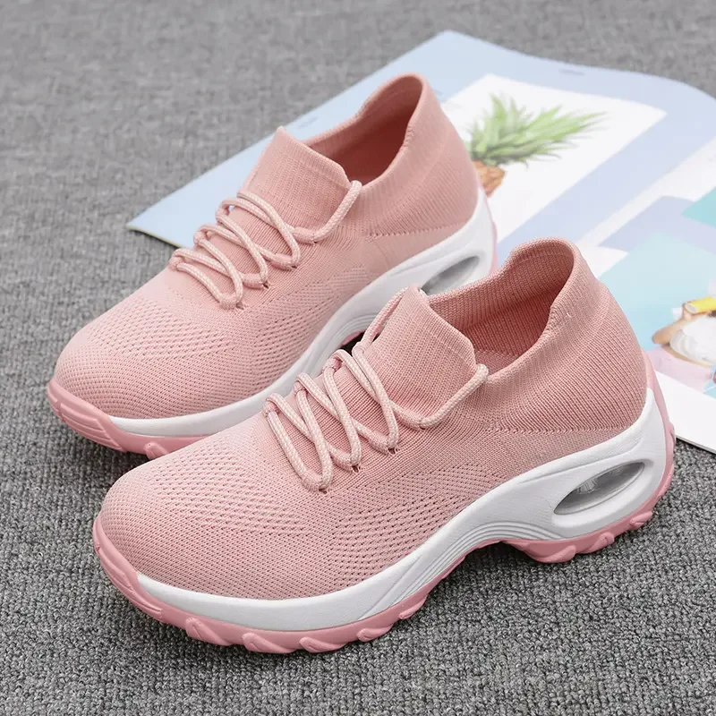Women Tennis Shoes Air Cushion Red Sports Shoes High Heels Mesh Lace-up Female Sock Footwear Outdoor Thick Bottom Women Sneakers