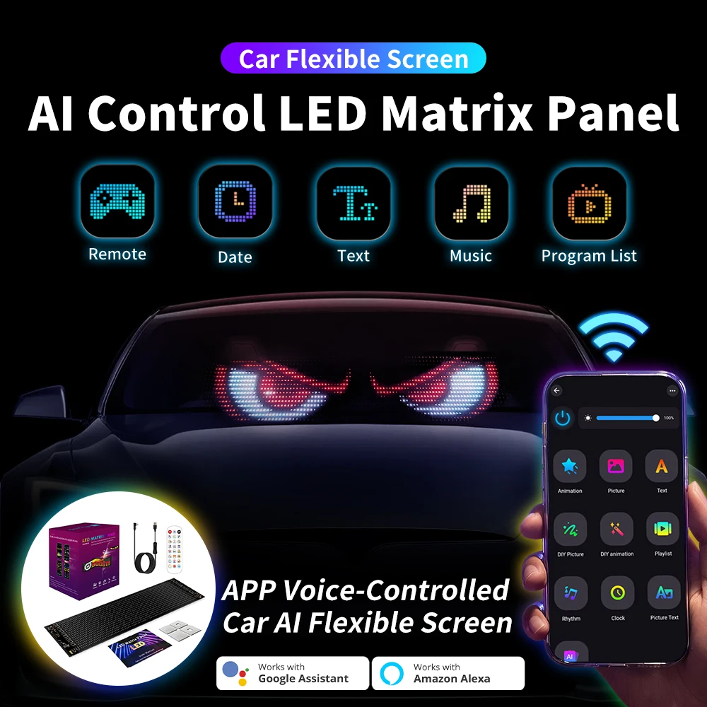 

Гибкий AI Voice Реактивный светодиодный дисплей Devil Eyes RGB Pixel Panel Управление через приложение Лобовое стекло автомобиля Световой экран DIY Анимационная доска