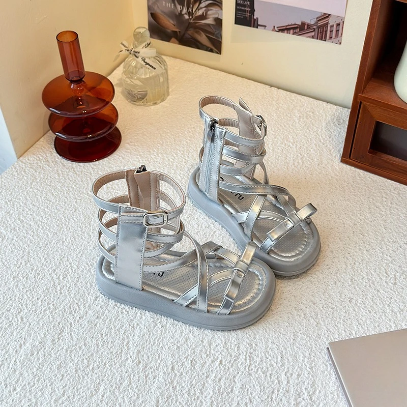 

Girls Summer Gladiator Sandals High Top Roman Shoes with Side Zipper Closed Toe Casual Sandals for Kids