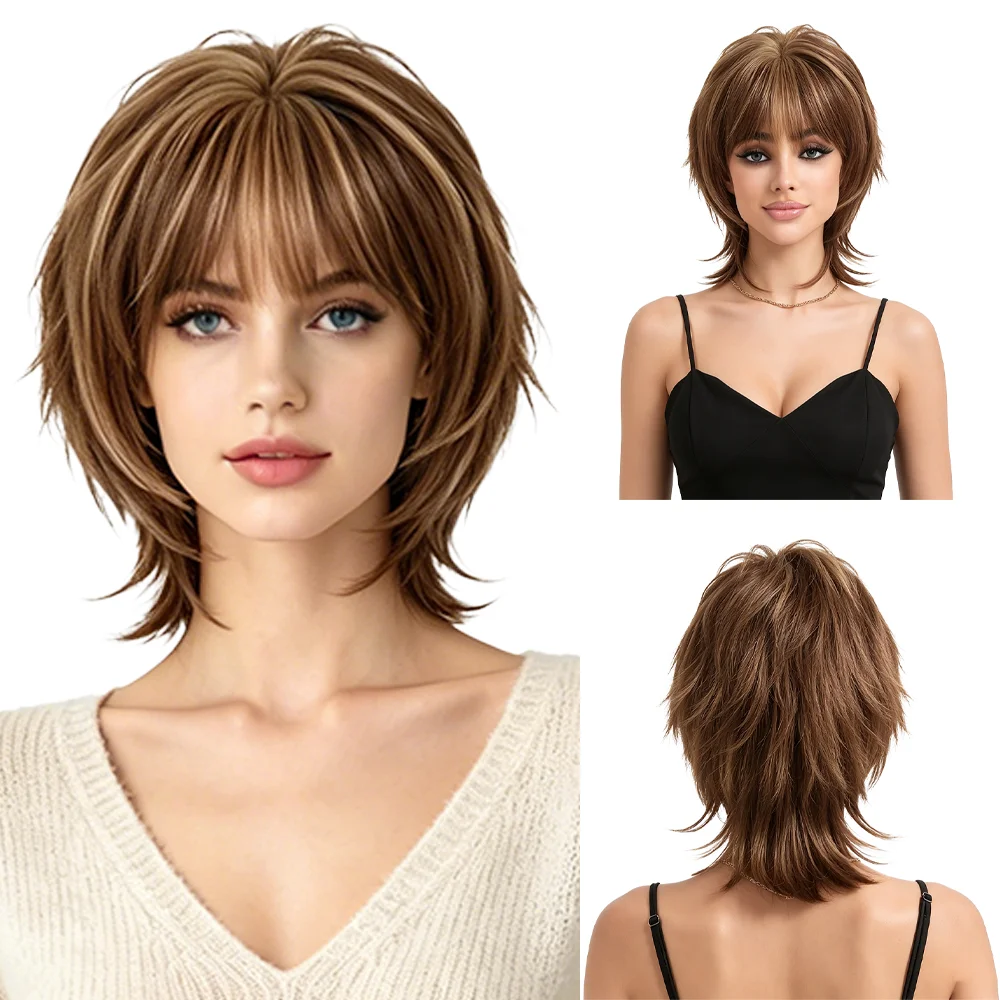 Mullet Wolf Cut Short Wigs For Women Brown Blonde Highlights Shaggy Layered Heat Resistant Synthetic Hair Daily Party Cosplay