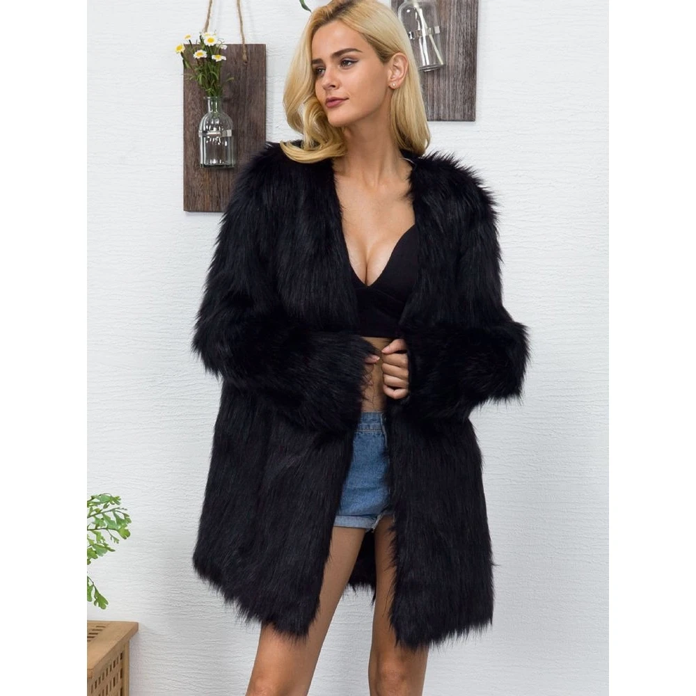 

Faionable V-Ne Fur Coat Women's Outerwear Mid-Length Street Sle Long Sve Winter Coat Ele Trendy