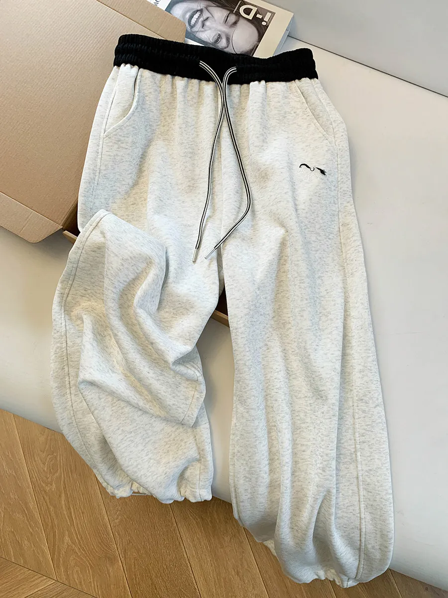 

High Waist Embroidered Wide Leg Pants Women's Casual Sports Sle Small Embroidery Two-Way Wear Cotton Spring Season