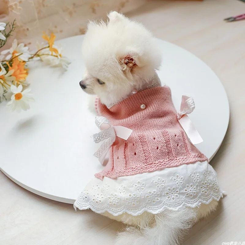 1PC Pet Clothing Dog Cat Autumn/Winter Pink Lady Knitted Skirt Suitable for Small and Medium sized Dogs