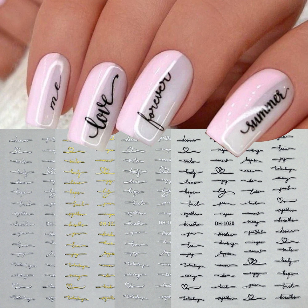

2pcs English Letter Vintage 3D Nail Art Stickers Love Letter Alphabet Vintage Gold Silver Black White Nail Decals DIY Manicures