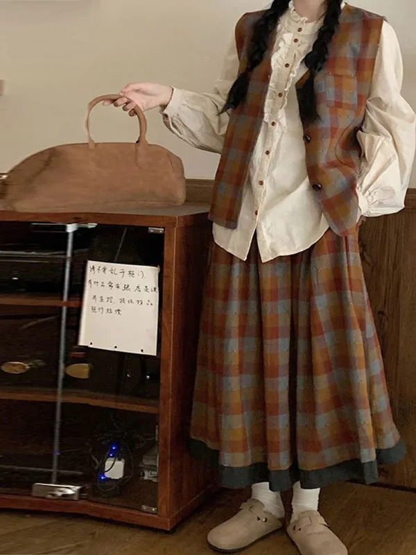 

Ретро-комплект: рубашка в клетку и юбка, женская блузка с длинным рукавом, юбка А-силуэта средней длины, комплект из трех предметов, новинка Весна 2025