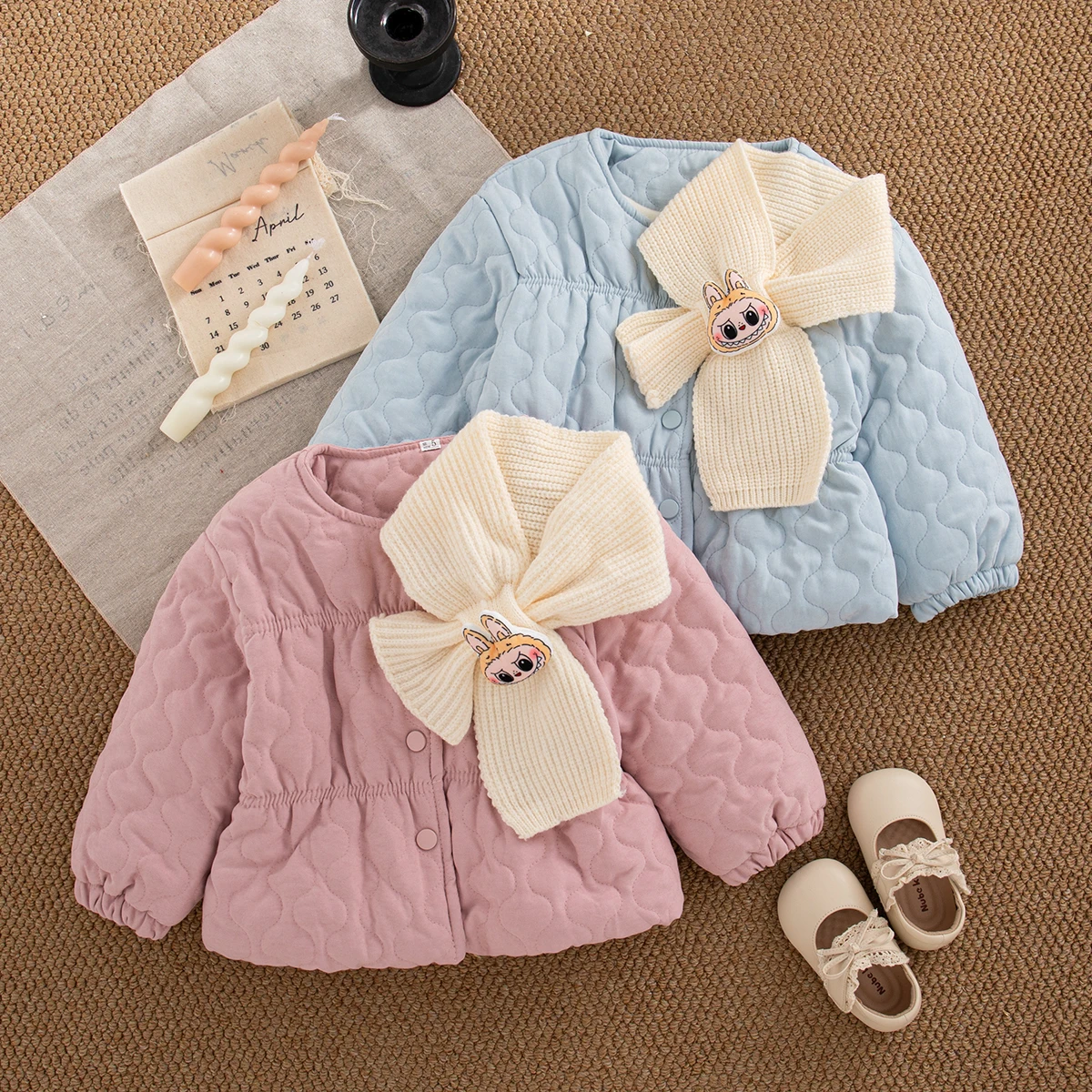 

Autumn Winter Baby Girl Coat Korean Style Crew Neck Long Sleeved Solid Color Coat Girls Warm Outerwear Sent Knit Scarf
