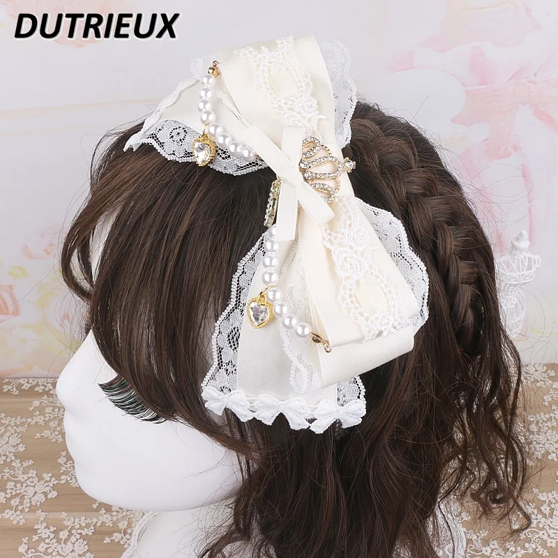 Handmade Japanese Mine Headdress Big Bow Hairpin Sweet Lace Rhinestone Beaded Clips Hair Accessories Lolita Headband for Women