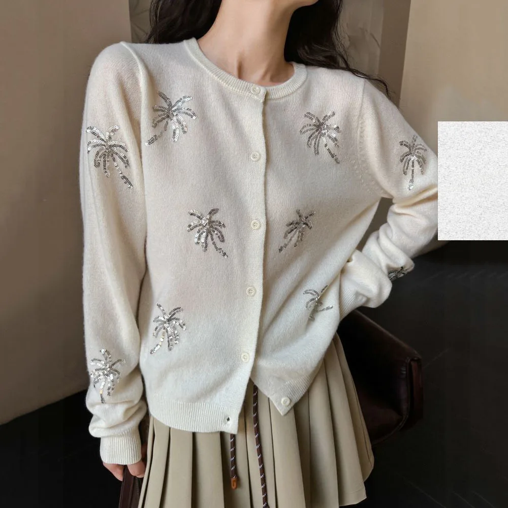 Autumn Women Clothing Sequined Sweater Button Knitted Cardigan Casual Loose Knitwear Fashion Elegant Tops Female Sweaters Coat