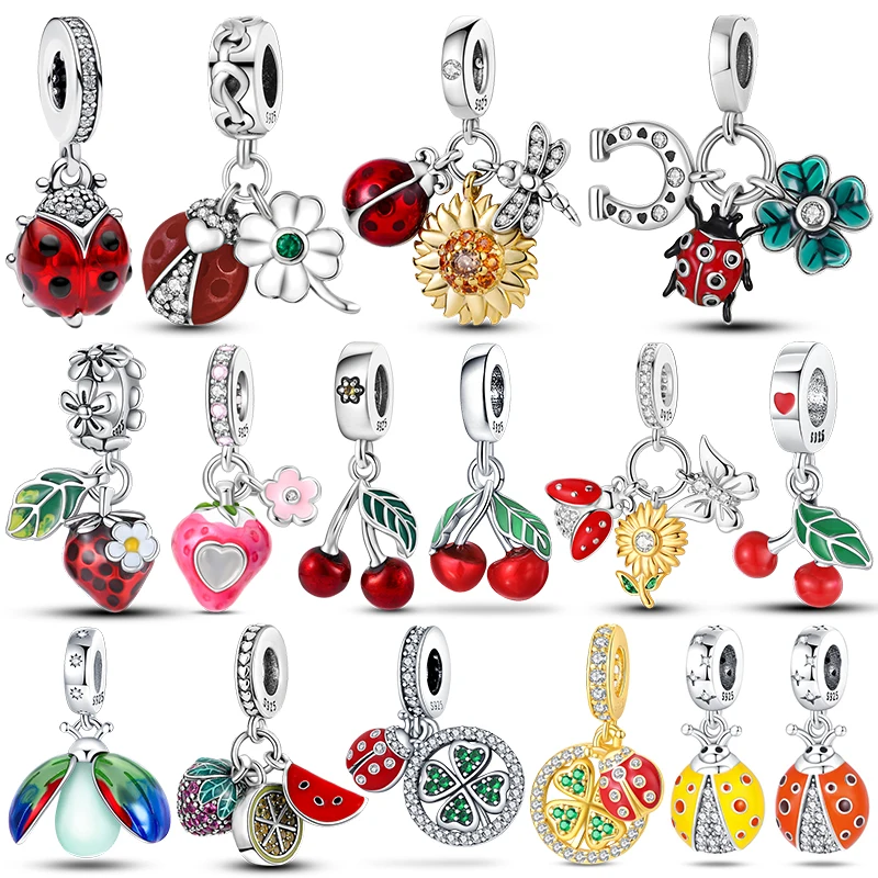 Pingente de Prata 925 com Joaninhas e Morangos para Pulseira de 3mm, Colar e Bracelete Feminino – Joias de Luxo para Criação de Joias