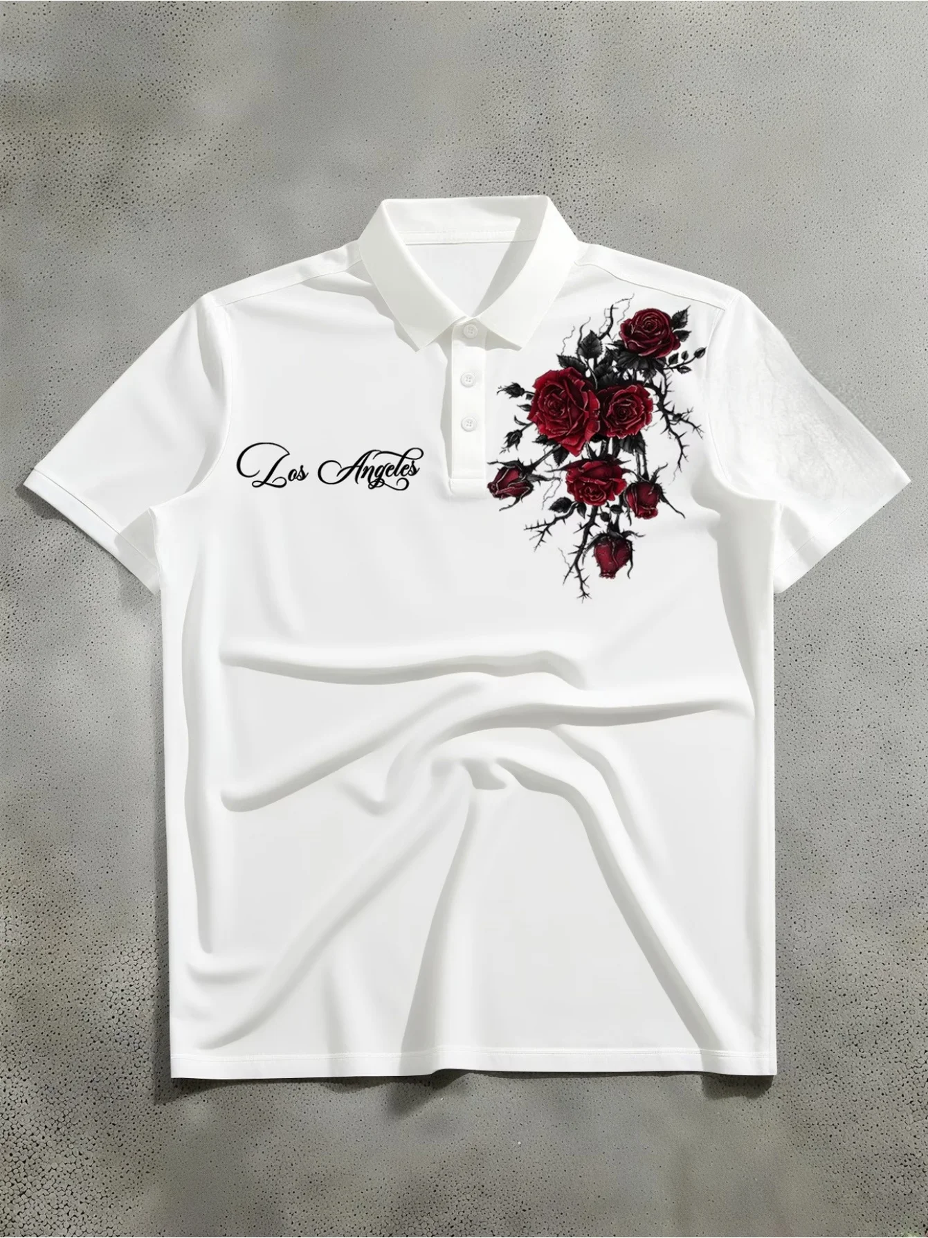 2026 new men's short sleeved polo shirt casual style Los Angeles slogan red rose thorn print