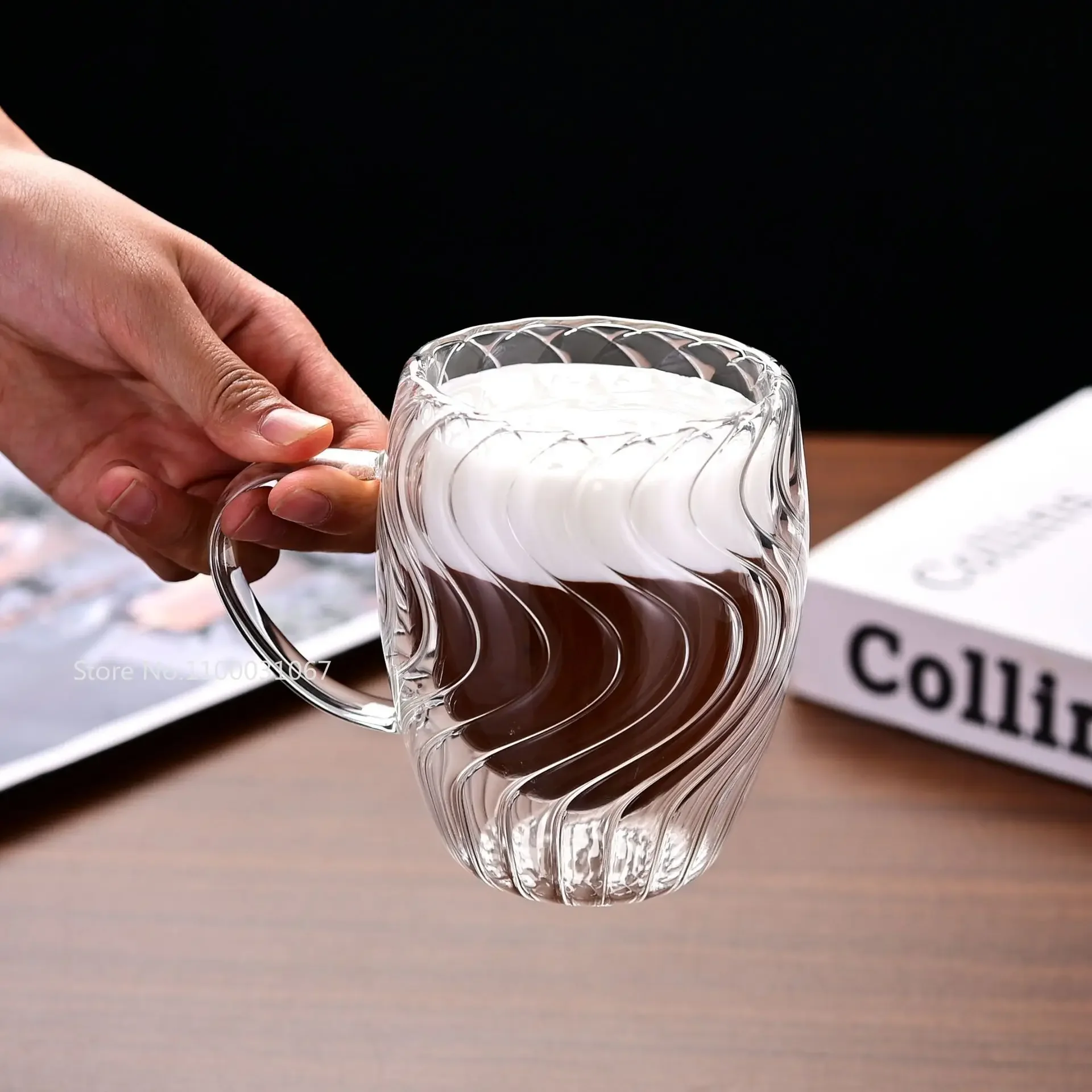 1/2PCS 350ml Double Stripe Wall Coffee Mug with Handles Clear Milk Cups Gifts Glass Cup Fill Artificial Simulation Stripe Teacup