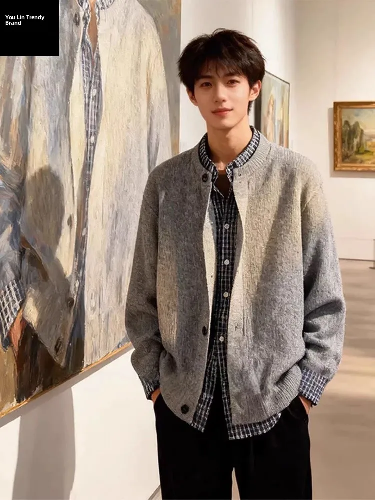

Мужской кардиган-свитер в клетку с вязаными вставками, повседневный, для осени и зимы, для прогулок и работы