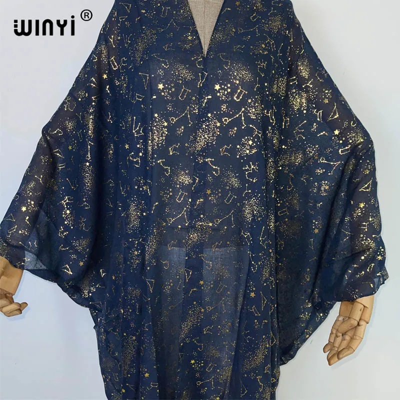 WINYI Middle East Hot stamping print Women Cardigan Loose Long Dress holiday Boho beach cover up Holiday Batwing Sleeve abaya