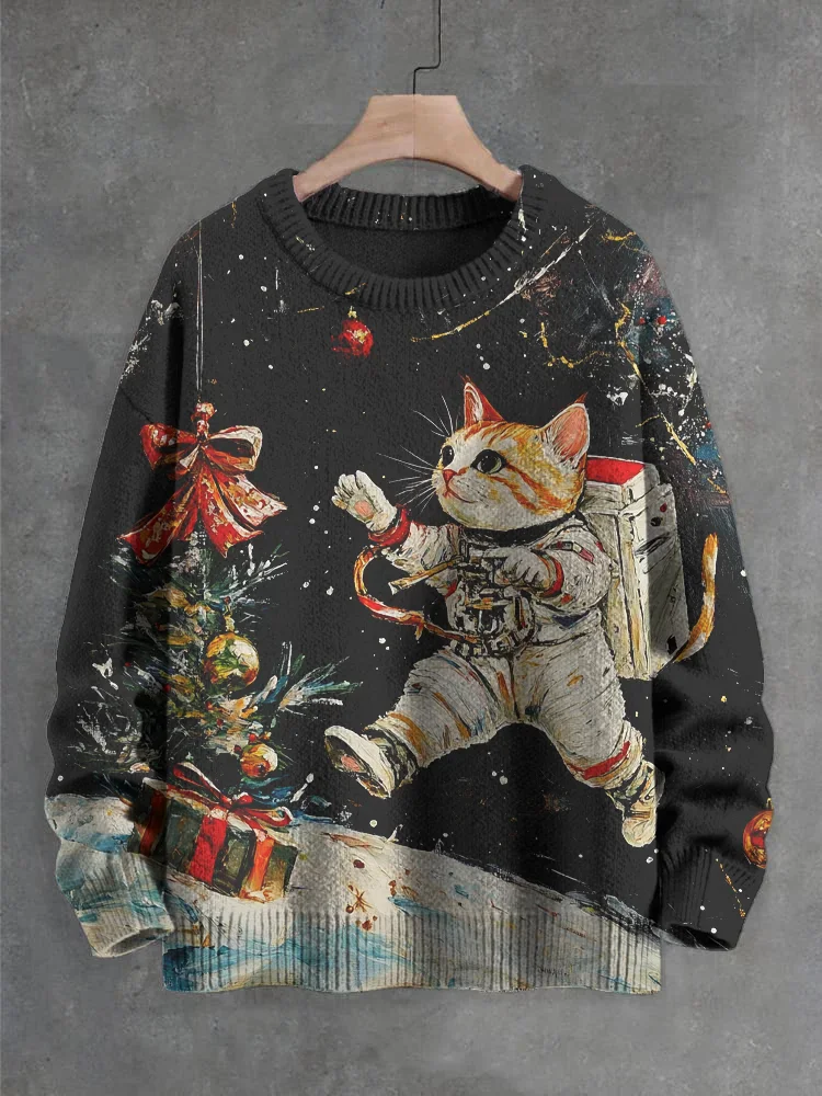Men's Outer Space Cat Christmas Tree Art Print Knit Sweatshirt Pullover Sweater Women For Men Sweater