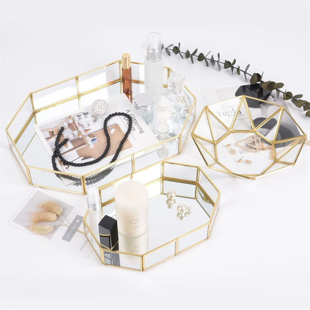 Northern Europe Glass Storage Tray Gold Tray Luxury Jewelry Cosmetic Organizer Box Decoration Retro Copper Case Makeup Box