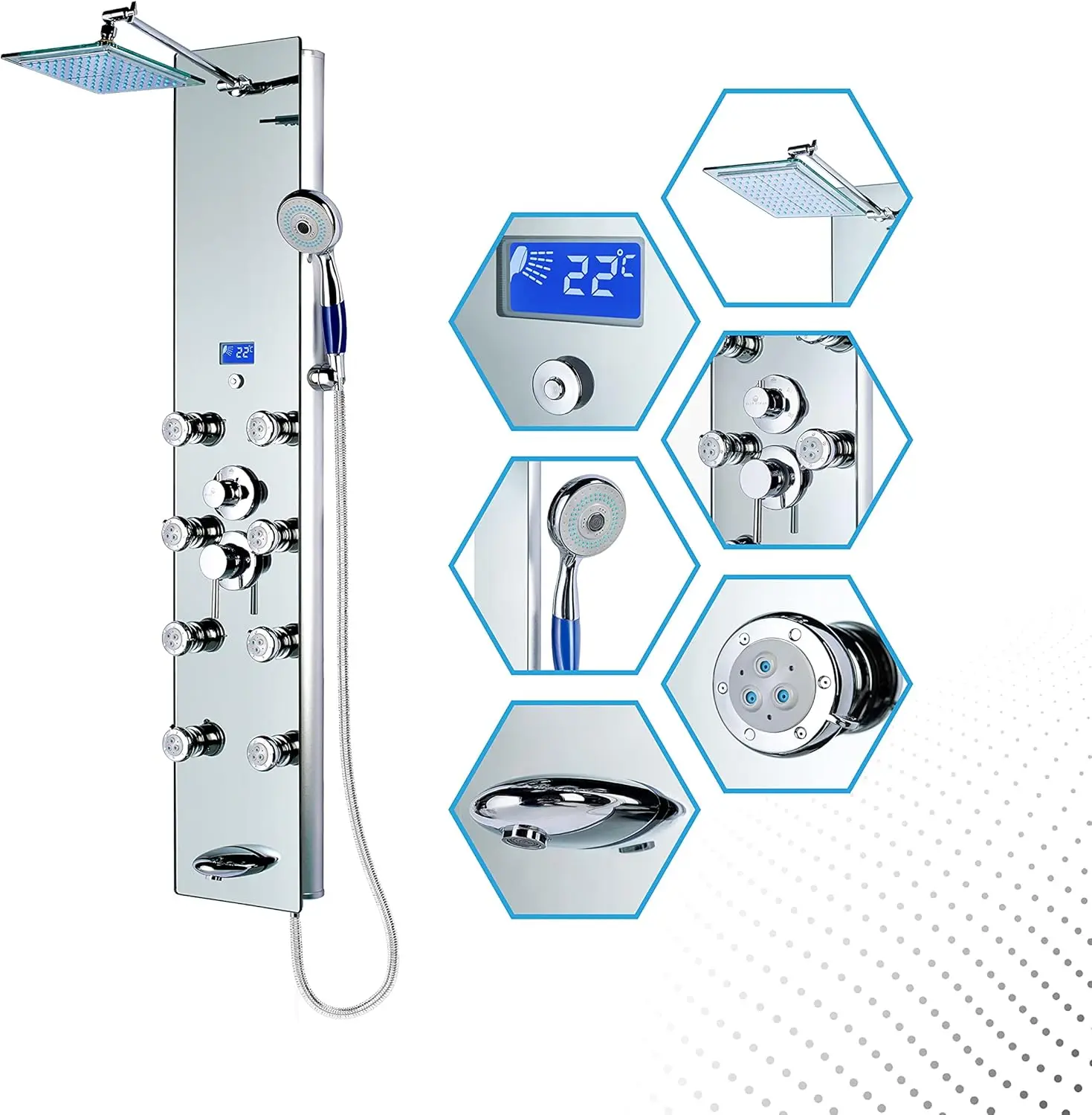 Shower Panel Tower System with Rainfall Shower Head and 8 Adjustable Massage Jets