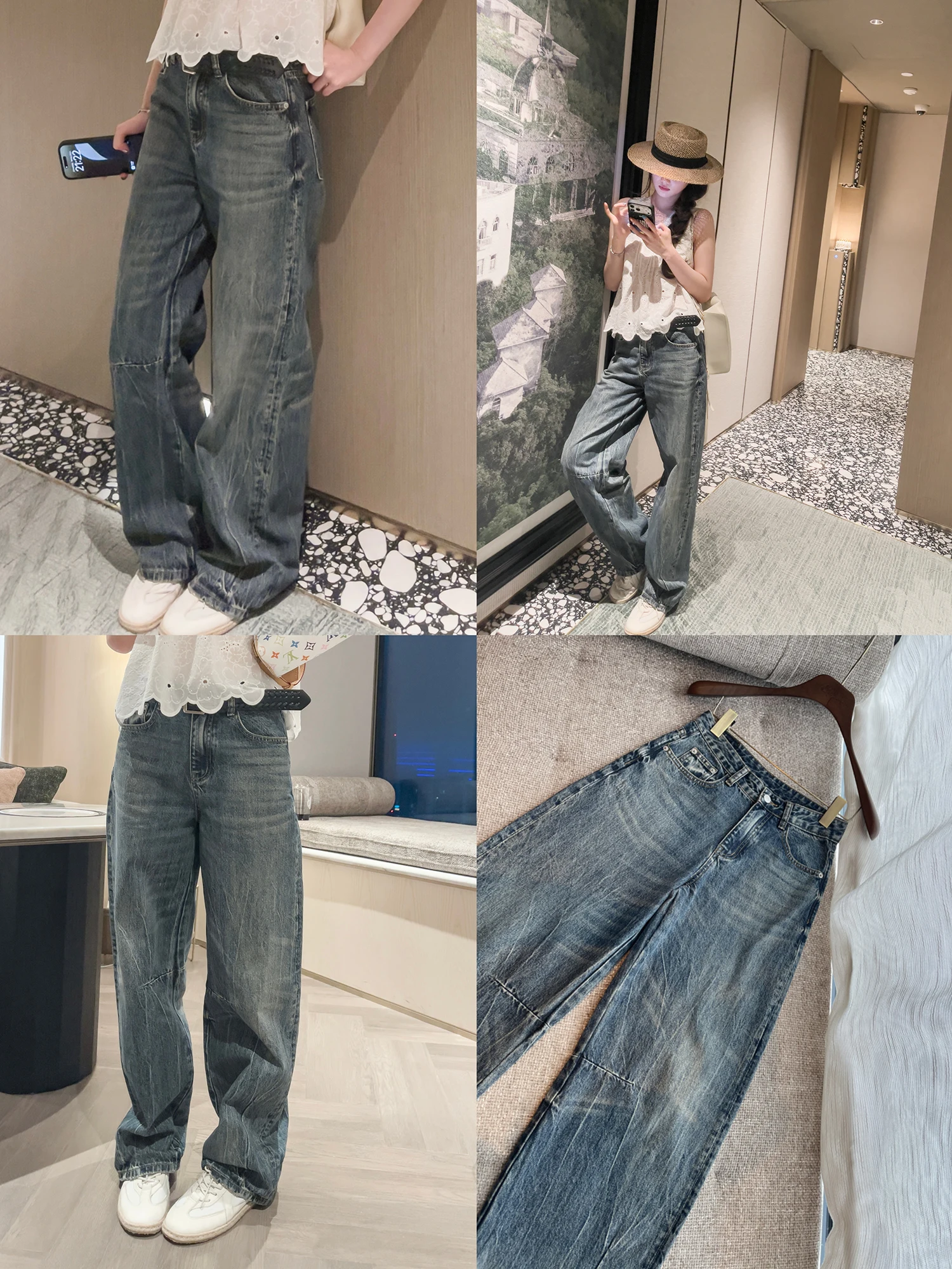 Vintage Washed Heavy Duty Multi-Process  Loose Wide Leg Jeans Slimming Straight Long Trousers for Women Casual Wear