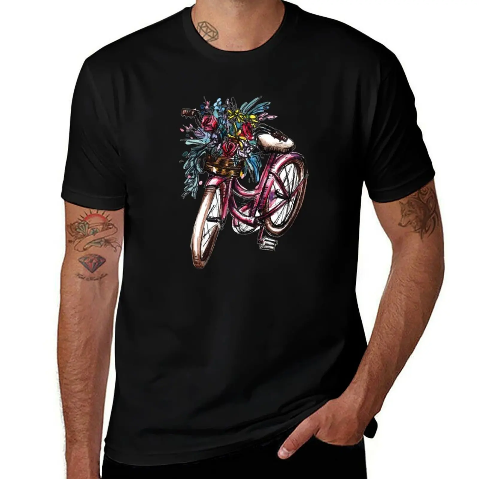 Pink Bike with Flower Basket T-Shirt Work Wear Lightweight Tee T-Shirt