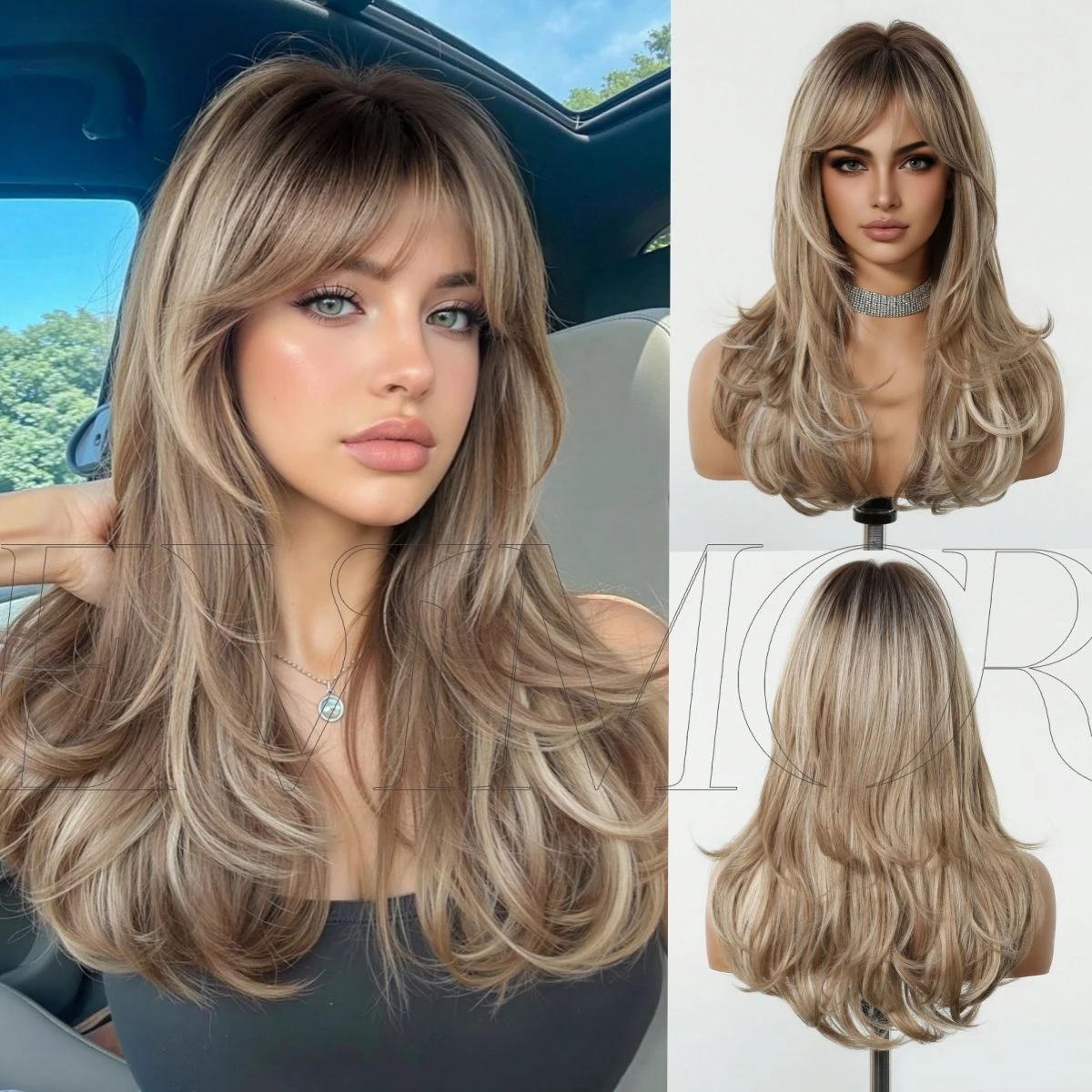 

Rose Blonde Ombre Brown Long Natural Wave Synthetic Wigs with Bangs for Women Heat Resistant Daily Cosplay Party Hairs Wig Use