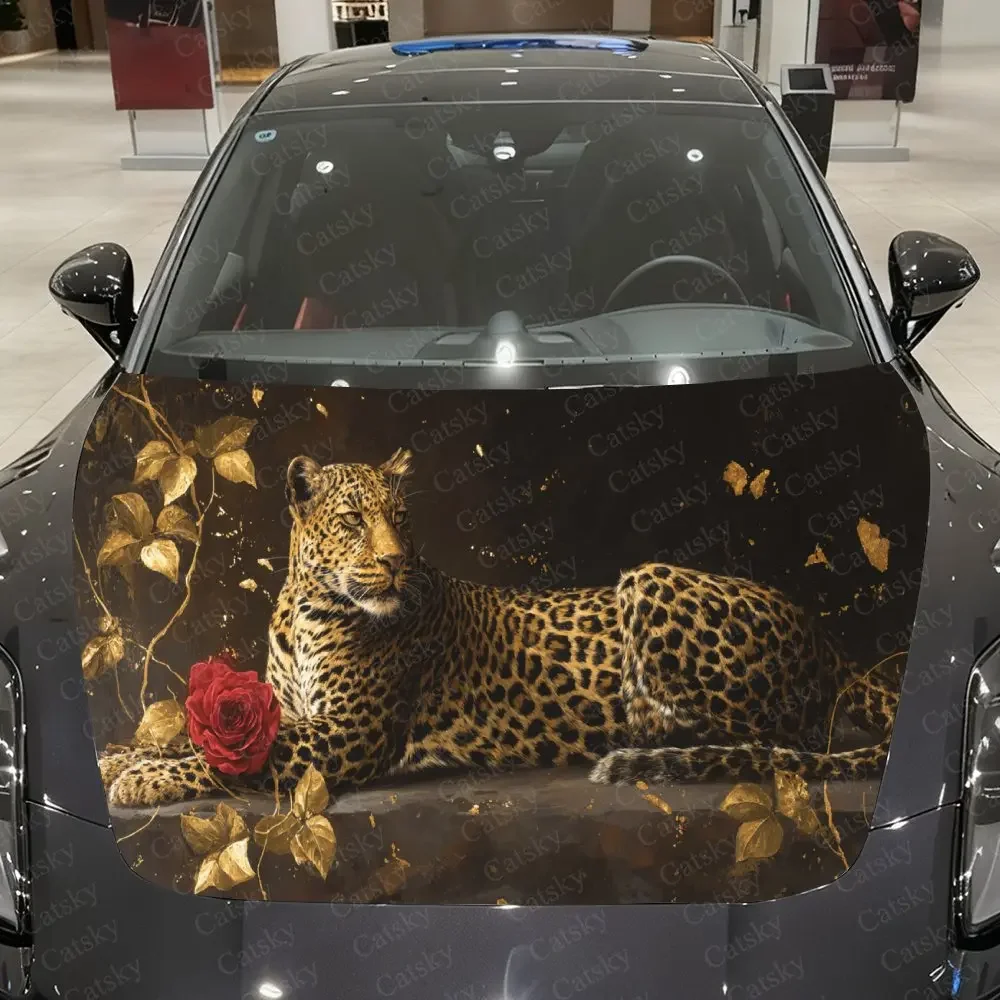 Pondering Leopard Beside Gilded Red Rose Car Vinyl Wrap, PVC Material Waterproof Car Hood Sticker, Self-Adhesive Scratch-Resista