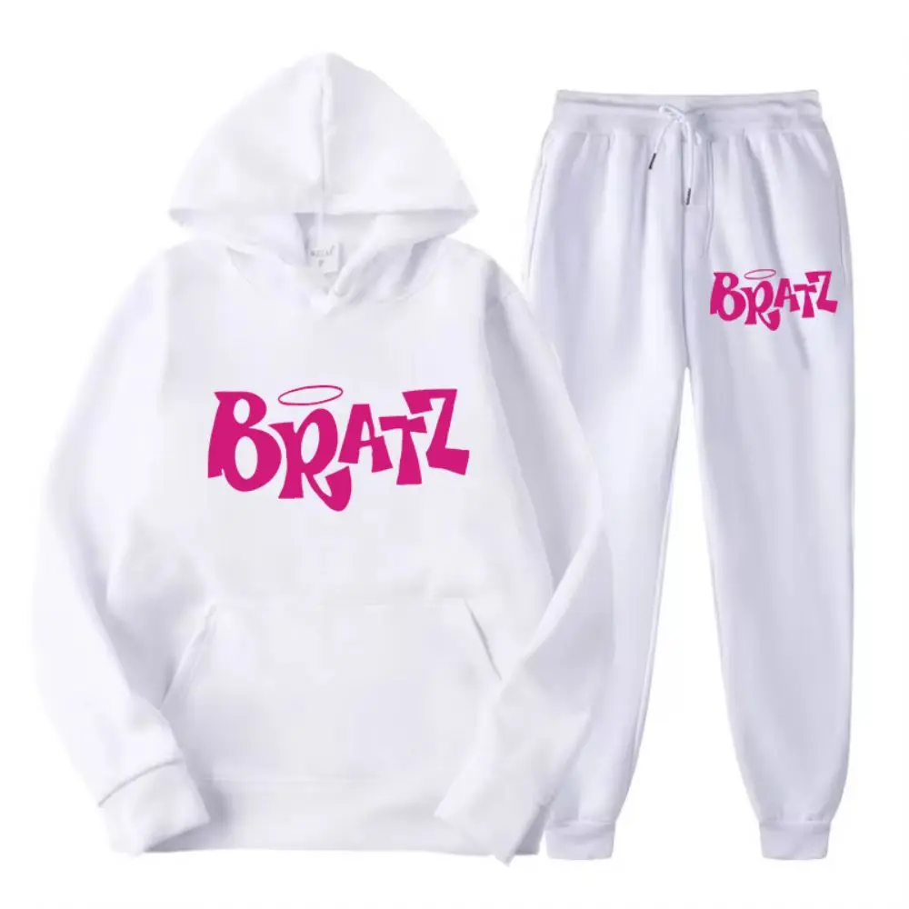 Two Piece Set Autumn Woman Hoodie & Pants Warm Comfortable Fleece Pullover Y2K Pink Bratz Letter Print Sportswear Street Clothes