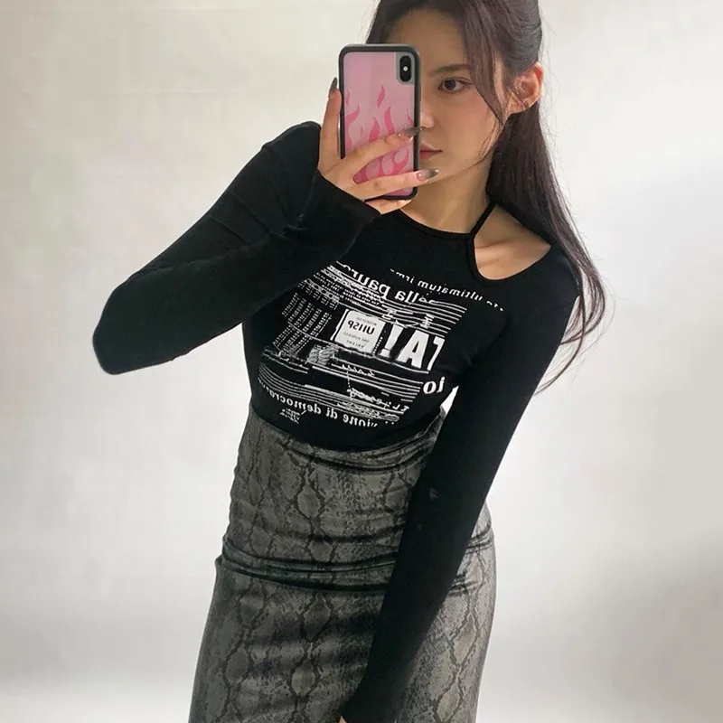 Karrcat Korean Fashion Hollow Out Crop Tops Grunge Letter Printed Long Sleeve T-shirts Vintage Streetwear Sexy Slim Tee Shirts