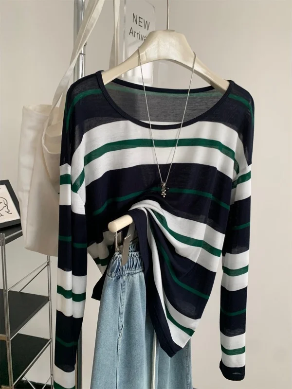 Women's Long Sleeve T-Shirt Breathable Loose Fit Vintage Striped Drapey Base Layer Shirt Comfortable Casual Cotton Top