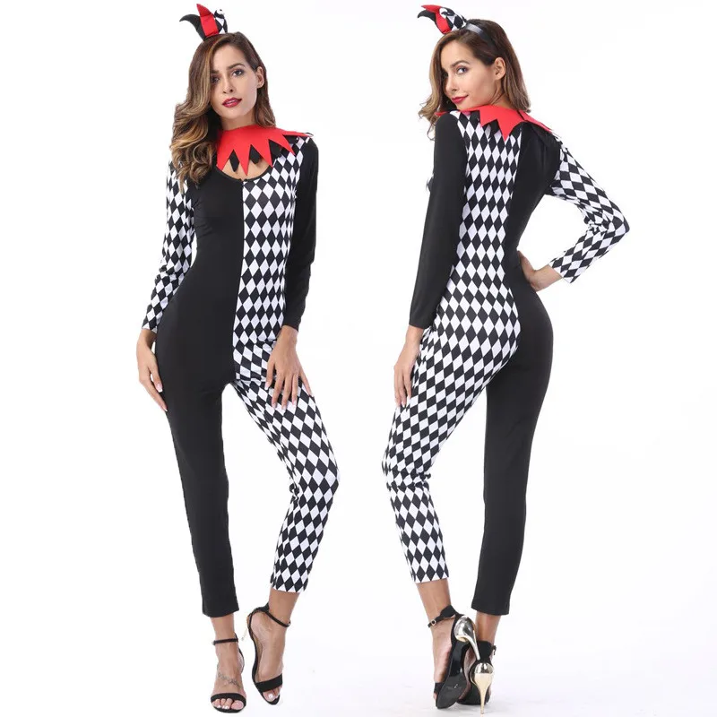 Evil Clown Quinzel Cosplay Cosutme Women Black White Plaid Sexy Jumpsuit Catsuit Halloween Carnival Role Play Outfits Bodysuit