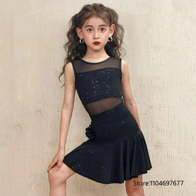 

Черный танцевальный костюм для девочек: топ без рукавов с сетчатой спинкой, юбка с цветочными пайетками, для соревнований, бальных танцев, ча-ча-ча, танго