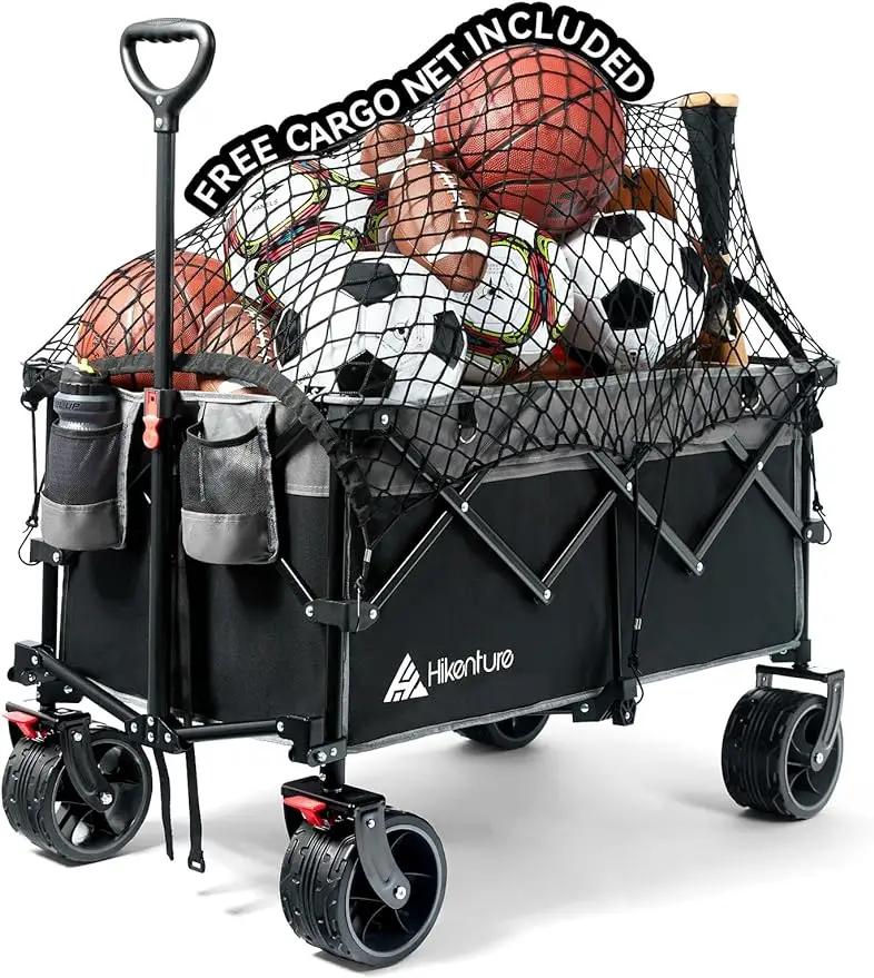 Collapsible Wagon Cart with Cargo Net, 220lbs Capacity Beach Wagon with Big Wheels for Sand, Heavy Duty Foldable Wagon