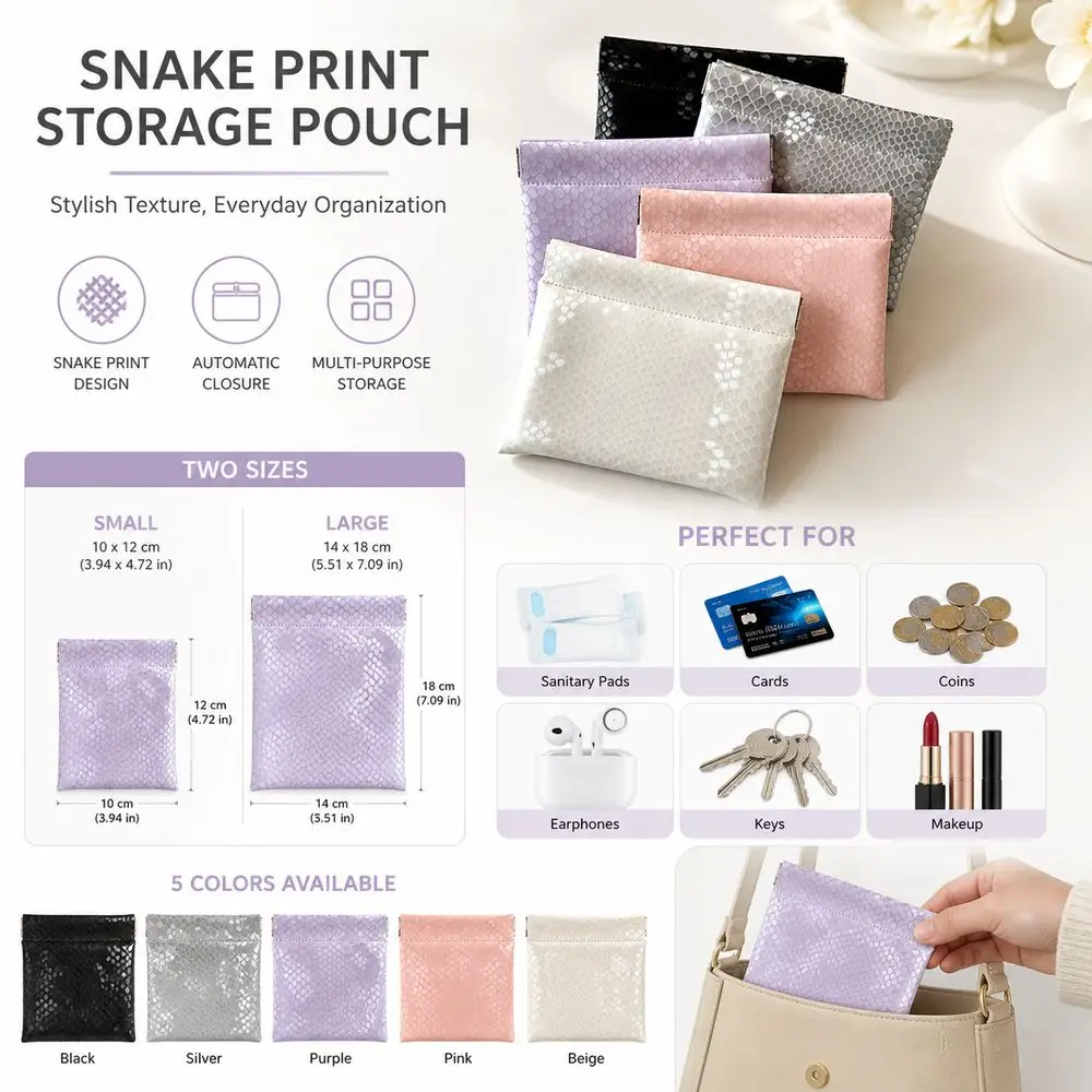 Gifts PU Leather Serpentine Leather Handbag Shiny Finish Snake Print Makeup Storage Bag Automatic Closure Card Bag Daily Carry